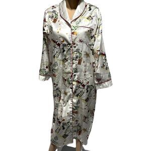 Barbizon Womens Sleepshirt Button Shawl Long Nightgown Robe Size L Satin Snowman